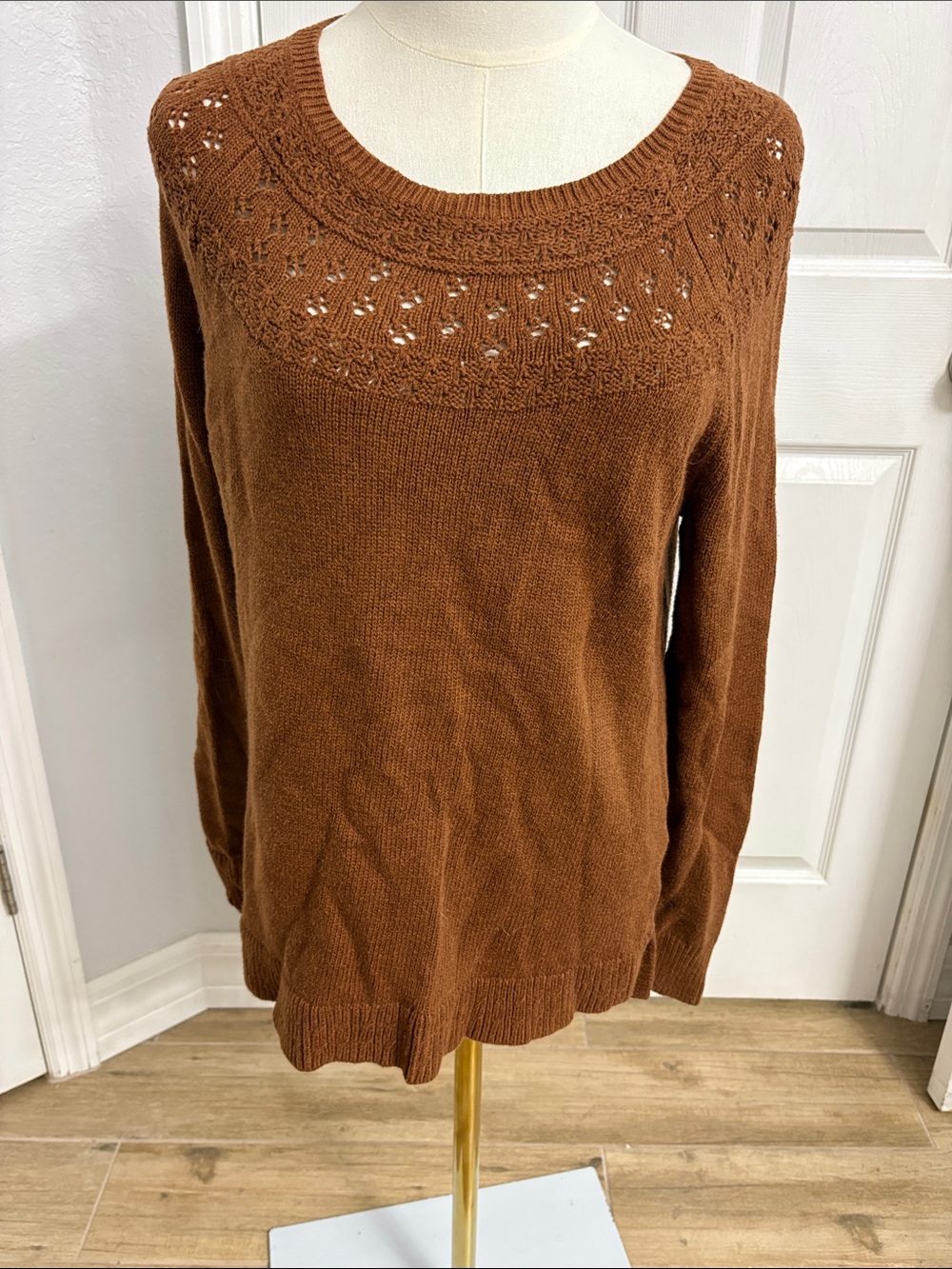 Sonoma Open-Knit Yoke Crewneck Sweater - Brown